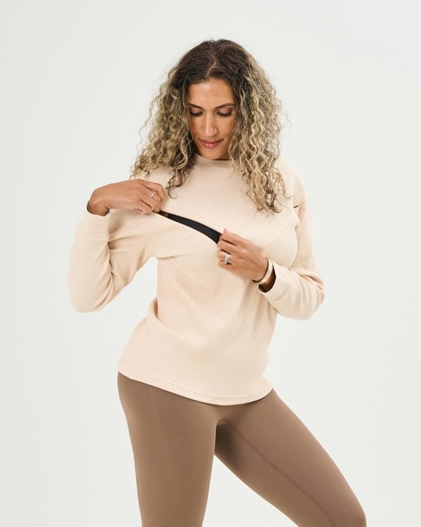 Pretty Mama Essential Ribbed Long-Sleeved Breastfeeding Top - Beige