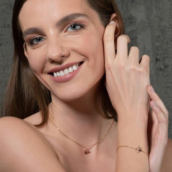 Rose Gold Bumble Bee Bracelet with Cubic Zirconia and Black Enamel - namana.london