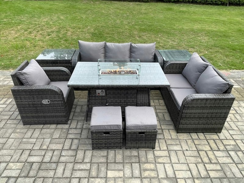 Fimous Garden Patio Furniture Wicker Rattan Gas Fire Pit Table and Sofa Chair set with 2 Side Tables 2 Small Footstool