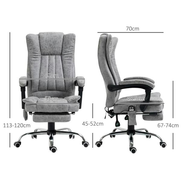 Grey reclining office chair with footrest and adjustable height, side and front views