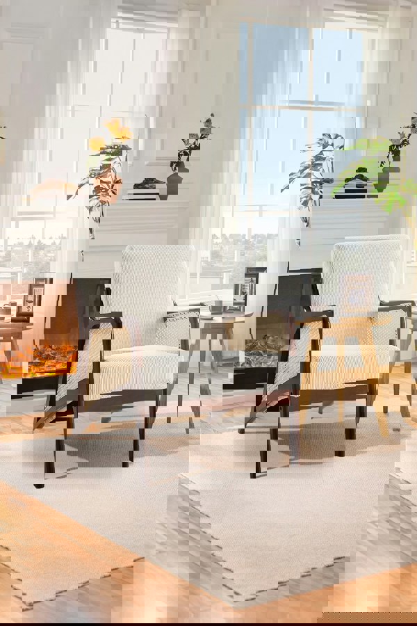 Living and Home Corduroy Beige Armchair with Rattan Armrest