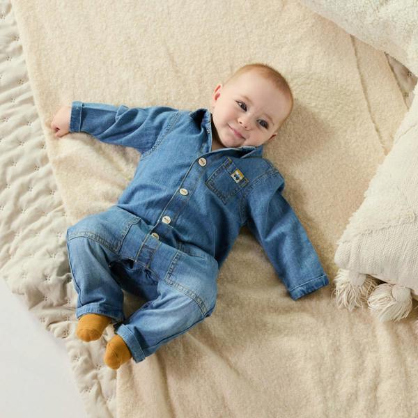 Mini Cuddles Baby Boys Cotton Button Front Full Sleeve Denim Romper Casual Wear, Dark Wash Blue