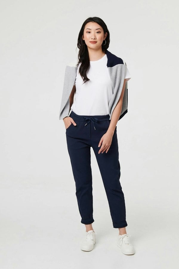 Navy | Drawstring Tie Waist Tapered Trousers

