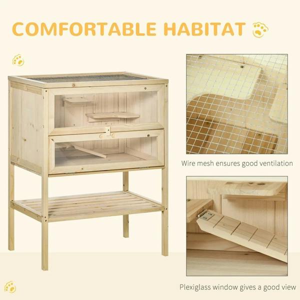 Natural fir wooden hamster cage with wire mesh top, open front, and viewing window