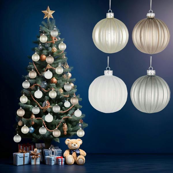 8cm Glass Christmas Baubles 12 Pack in Pearl Champagne, White and Silver with 4 Designs image 3