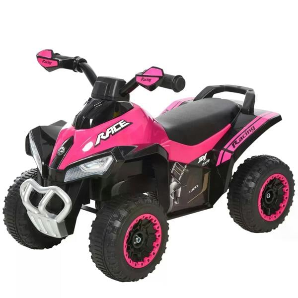 Pink kids 4-wheel ride-on motorcycle toy with black seat and pink tires