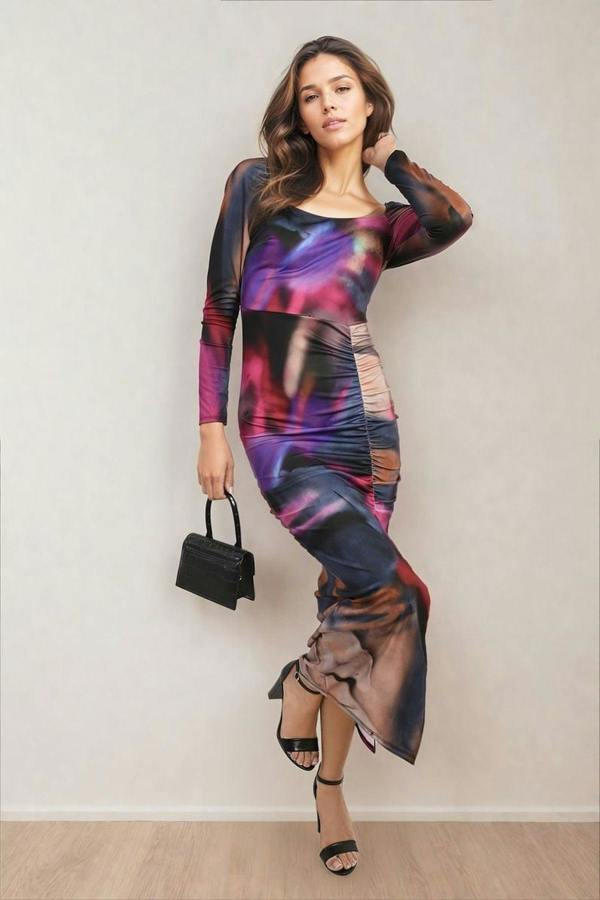 Hana Abstract Printed Long Sleeve Ruched Side Slit Midi Dress - Black
