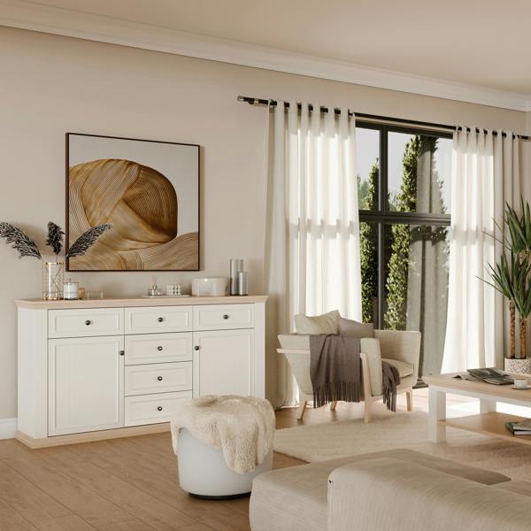 Furniture To Go Pontypool 4 Drawer & 2 Door Sideboard in White and Riva Oak