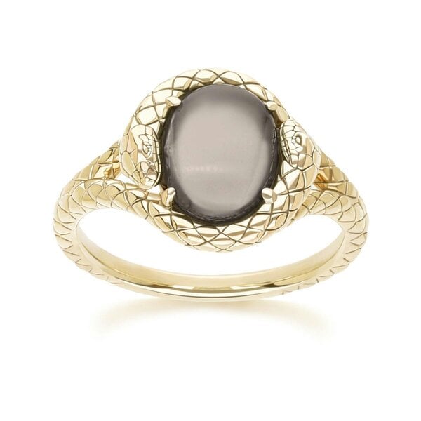 Gemondo ECFEW Oval Black Moonstone snake two-headed coiled bezel-set cabochon ring in gold vermeil sterling silver