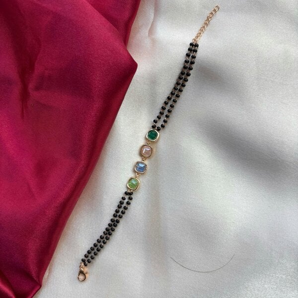 The Colourful Aura Minimalistic Black Beaded Multicolour Stone Slim Mangalsutra bracelet