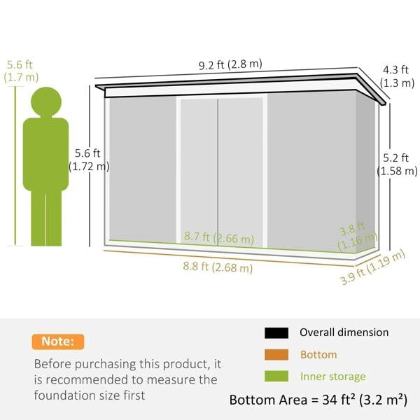 Metal garden shed dimension diagram with person scale, dark grey outline