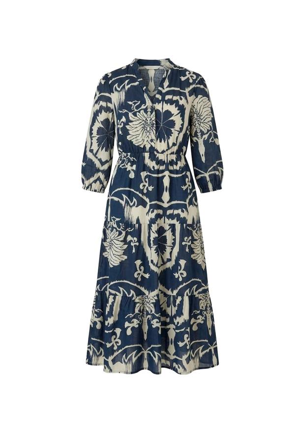 Navy Ornamental Print Tiered Midi Dress by James Lakeland on invisible mannequin against beige background