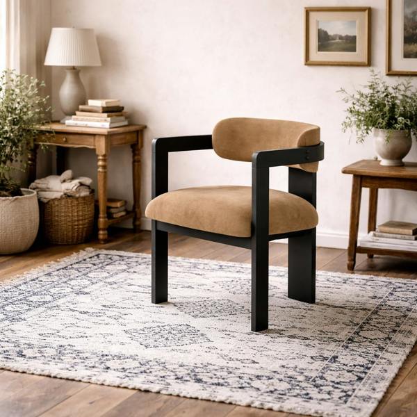 Wyld Haus Thurles Upholstered Tan Velvet and Black Wood Dining Chair