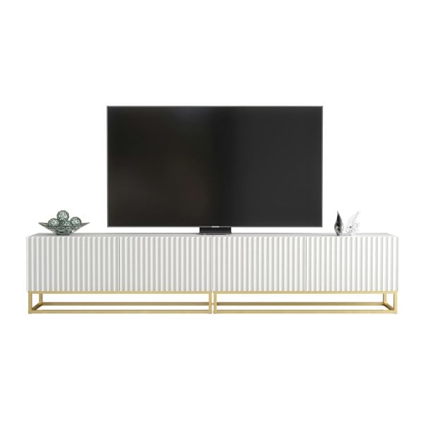 Mex Furniture Modular White TV Unit with Gold Base 200cm – Fluted Fronts & Push-Down Doors