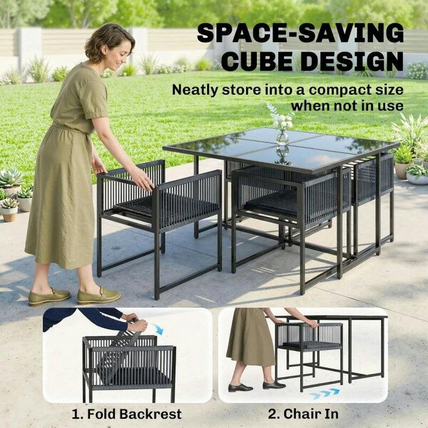 5 Pieces Garden Dining Set, Outdoor Patio Cube Set, 4 Seater Outdoor Table and Chairs with Foldable Backrest, Dark Grey