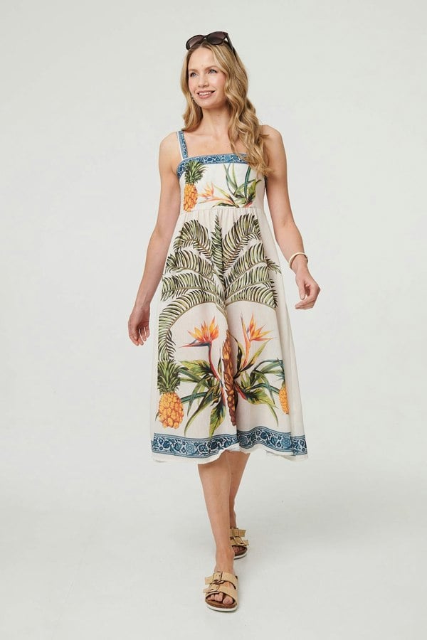 White | Tropical Print Sleeveless Midi Dress
