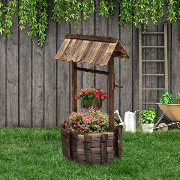 Wooden Wishing Well Planter Outdoor Flower Pot Backyard Garden Decor w/ Bucket - Carbonised finish