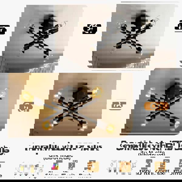 EMITTO Semi Flush Mount Ceiling Light Fixture Matte Black 4 Light E27 Socket