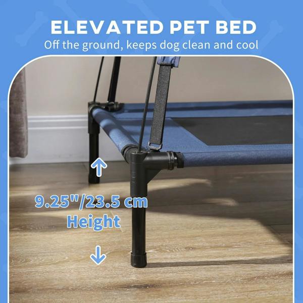 Blue elevated dog bed cot raised off the floor on sturdy legs, with height indicated