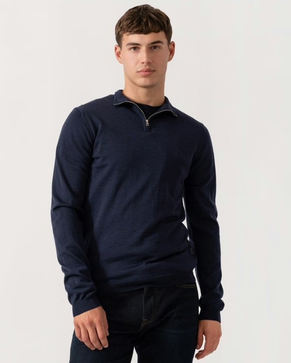 Oliver Sweeney Curragh Mens 1/4 Zip Funnel Neck Merino Wool Jumper - Navy Marl