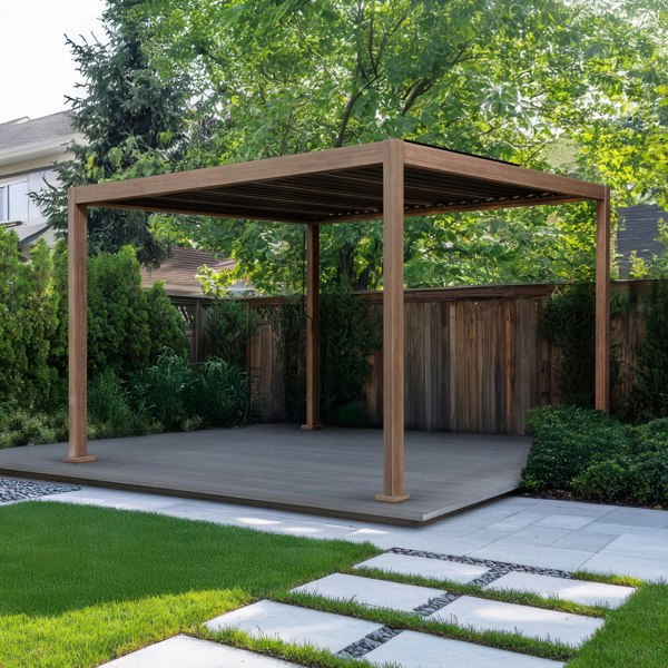 Wood effect aluminium pergola 3m x 3m with a modern design, featuring a sturdy frame and slatted roof, set in a lush garden environment