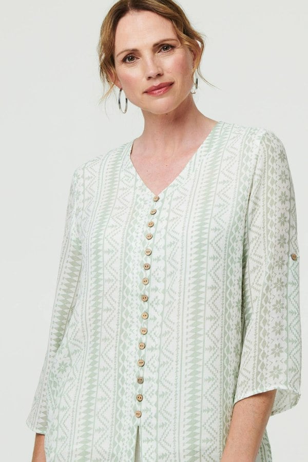 Sage | Printed Button Front Curve Hem Blouse
