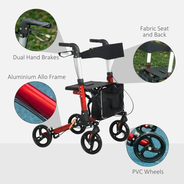 Red rollator walker with black fabric seat and back and PVC wheels