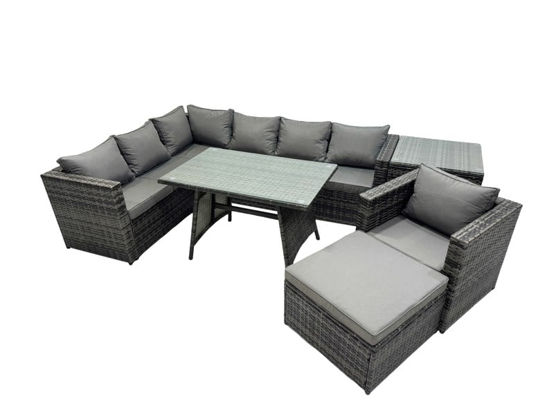 Fimous 8 seater Outdoor PE Rattan Sofa Set with Dining Table Patio Garden Furniture Sets with Chair Big Stool Side Table Dark Grey Mixed