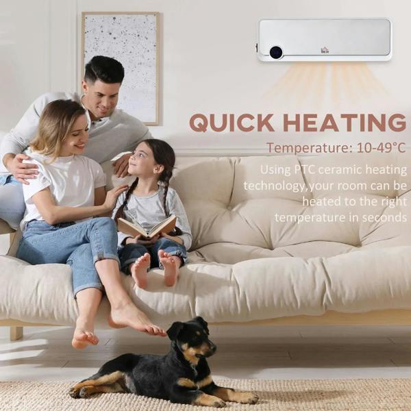 White wall-mounted electric space heater mounted above a sofa in a home room