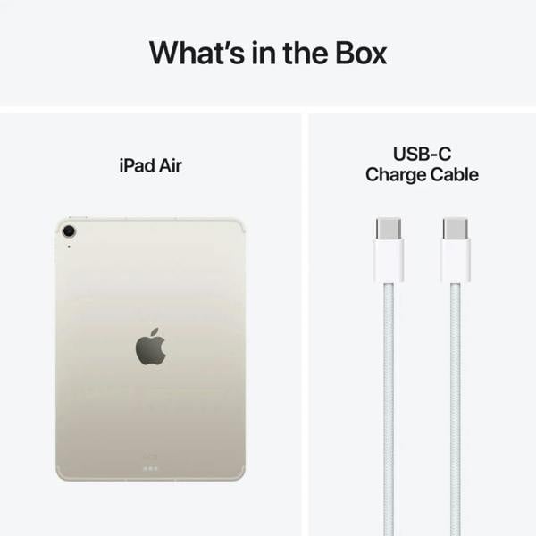 Apple iPad Air 11inch M3 128GB WiFi + Cellular 2025 Starlight. What's in the box? iPad Air, USB-C Charging Cable. 
