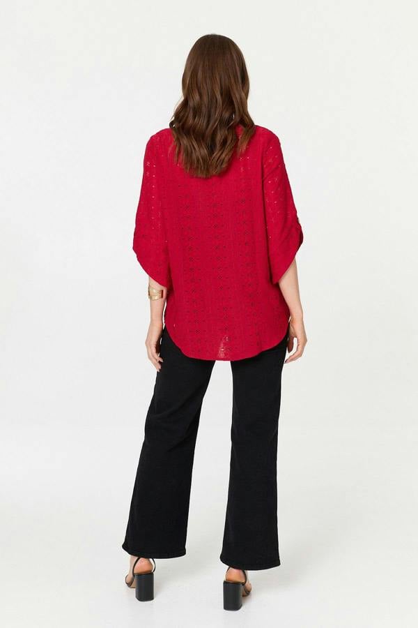 Red | Embroidered Textured 3/4 Sleeve Blouse