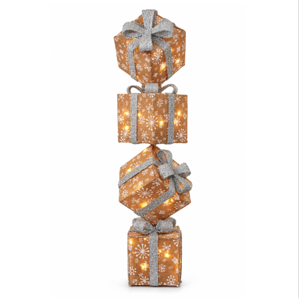 Vertical Light Up Christmas Natural Sisal Parcels with Silver Bows, Set of 4 on Metal Rod with 35 White LED Lights, Battery Powered, 86cm Tall