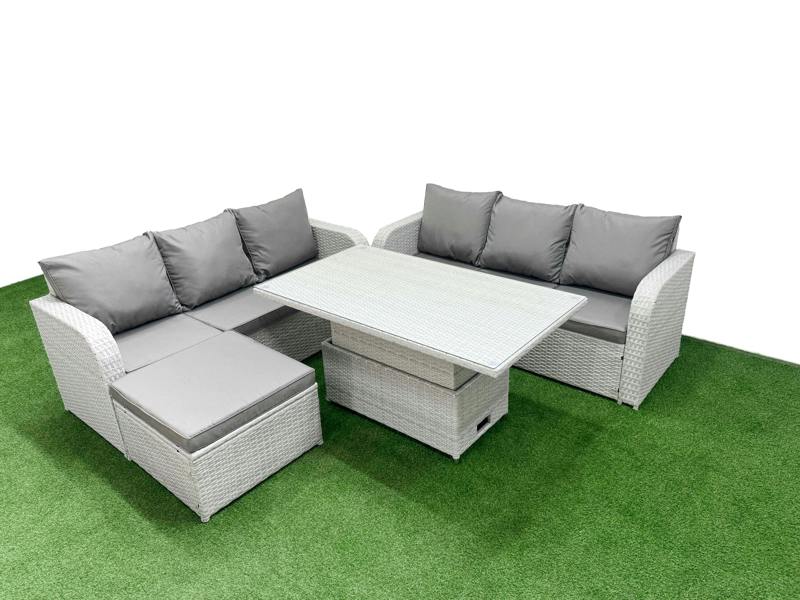 Fimous 7 Seater Rattan Patio Set, Adj Height Table, High Back Lounge Sofa and Big Footstool, Light Grey