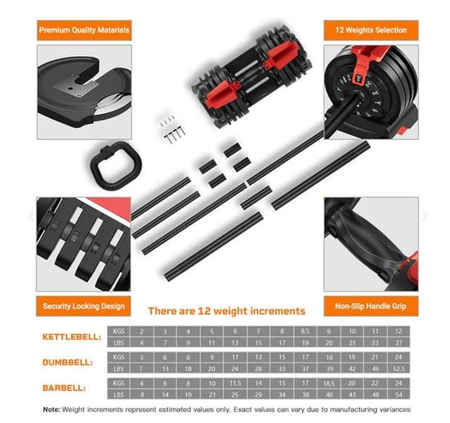 Flex Fitness Quick-Select 3-in-1 Adjustable Dumbbell-Barbell-Kettlebell Set (2-24kg, Pair)