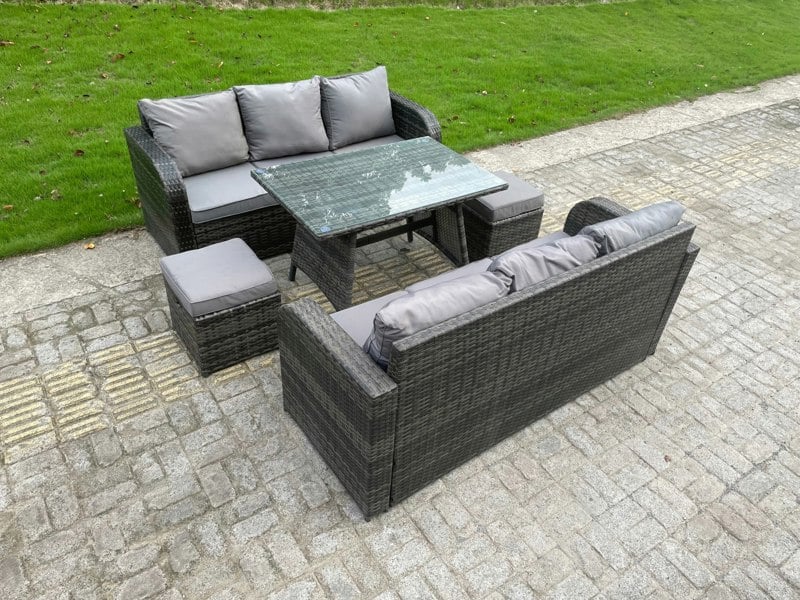 Fimous Outdoor Rattan Garden Furniture Sofa Set Dining Table Height Adjustable Rising lifting Table Lounge Sofa Small Footstools 8 Seater