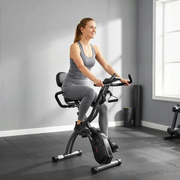 4-In-1 Folding Exercise Bike with Resistance Bands, Bluetooth App, 8-Level Magnetic Resistance, LCD Display, Black - Black