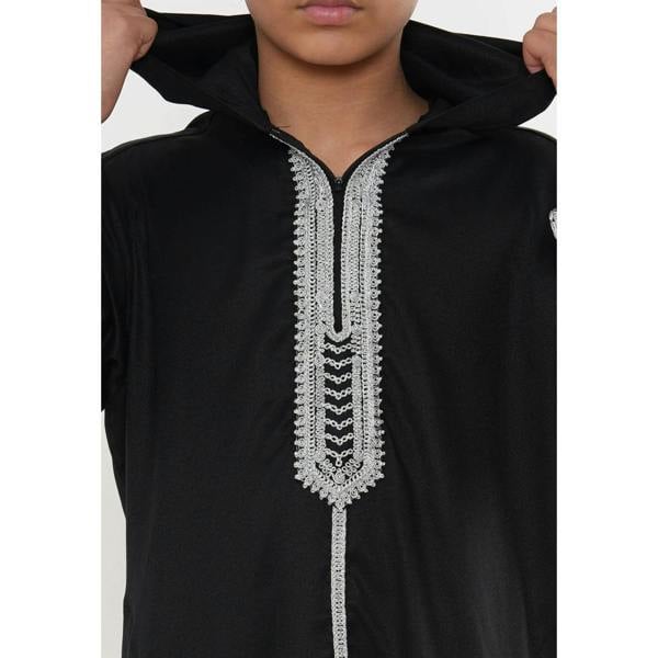 Boy's Moroccan Thobe Hooded Gandoura Embroidery Jubba - Black - Thobez - 3