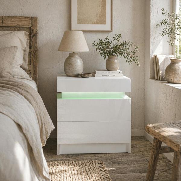 Wyld Haus Rema High Gloss White Bedside Table With LED Lighting And 2 Drawer Storage