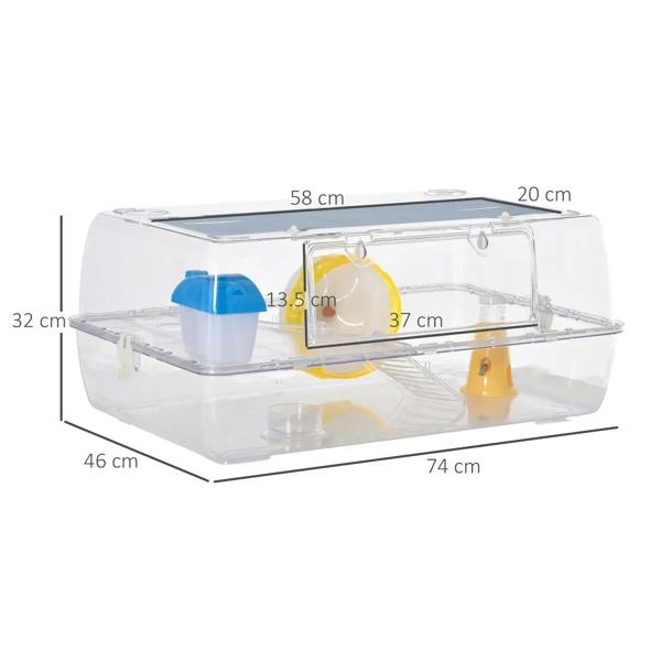 Transparent 2-tier hamster cage with yellow running wheel, blue water bottle, size markings