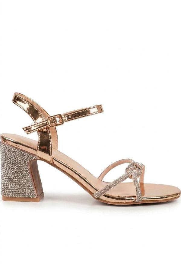Edie Rhinestone Block Heel Knotted Sandals - Champagne_wb