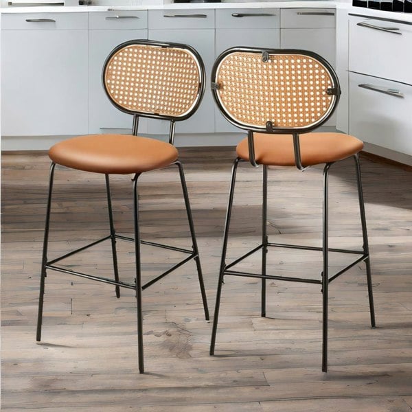 Rafaelo Mobilia Faux Leather Bar Stools Set With Rattan Back Brown