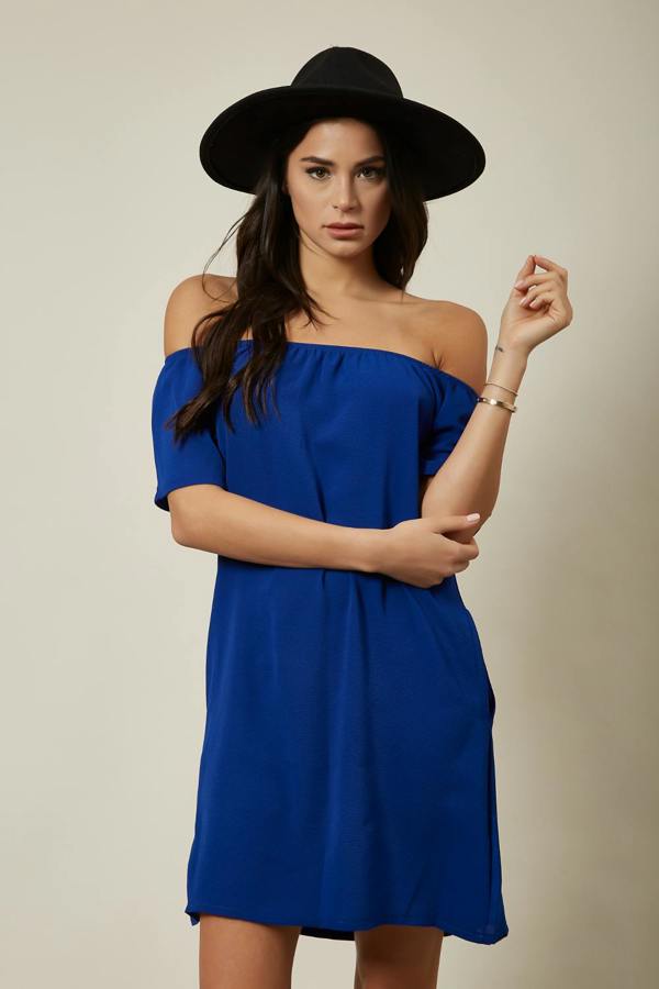 Hoxton Gal Relaxed Fit Off Shoulder Mini Dress in Blue