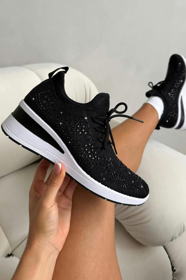 Crystal Stretch Comfort Wedge Trainers Black designed with crystal Details