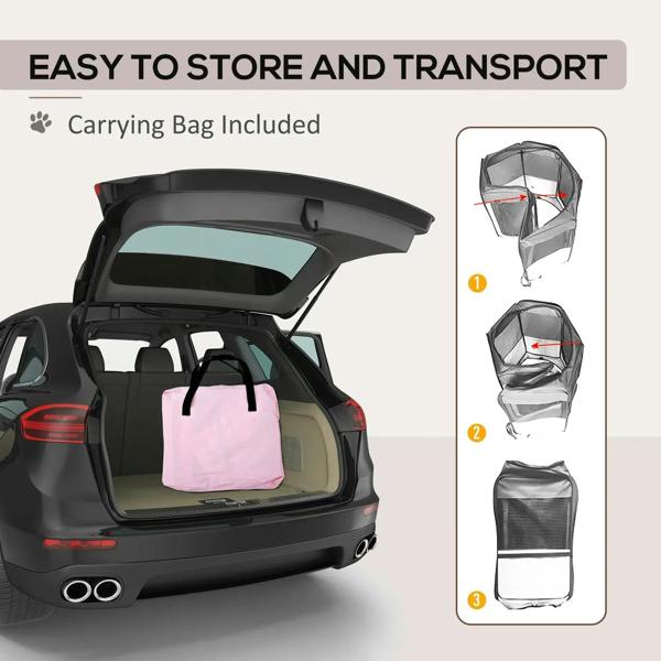 Pink pet playpen with included carry bag for storage and transport, setup shown in car