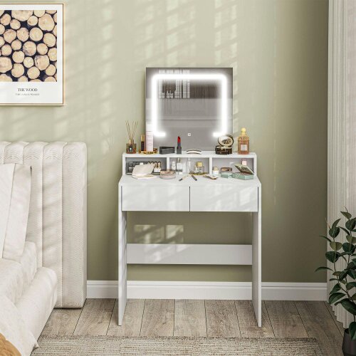 Wyld Haus Linora Roso White Dressing Table With LED Mirror And Built In Storage