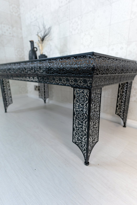 Downton Interiors Black Embossed Metal Mirrored Glass Coffee Table - Agadir Range