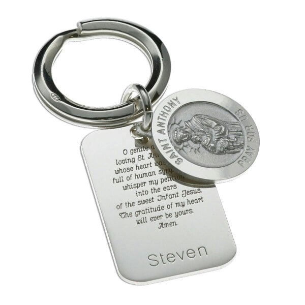 Christopher James of London Sterling Silver Personalised Rectangle St Anthony Keyring With Prayer