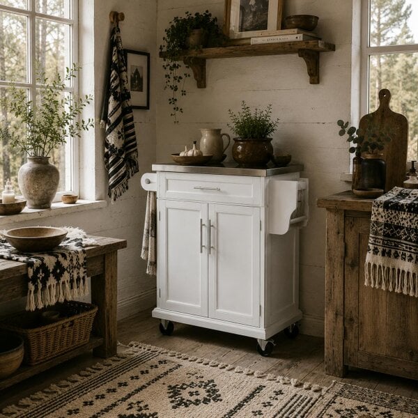 Wyld Haus Nenapa Wooden White Kitchen Island On Wheels With Stainless Steel Top Drawer And Side Rack