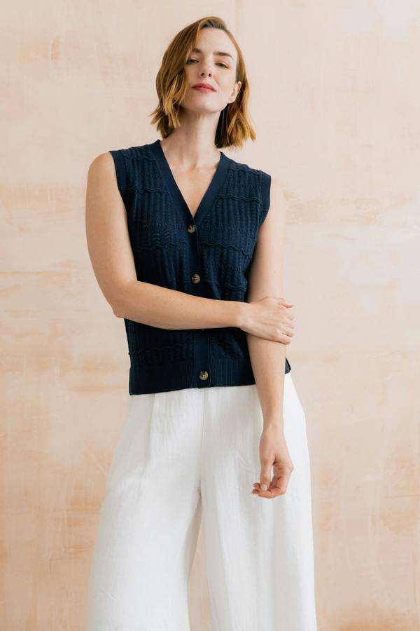 Lily & Me Sophie Pointelle Knit Sleeveless Waistcoat Navy
