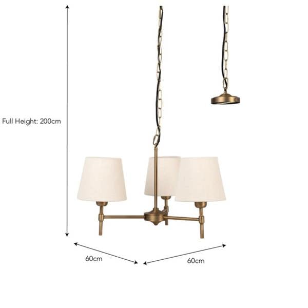 A technical product dimension diagram of the antique bronze 3-light chandelier showing height and width measurements against a white background by Abode Home & Gifts.